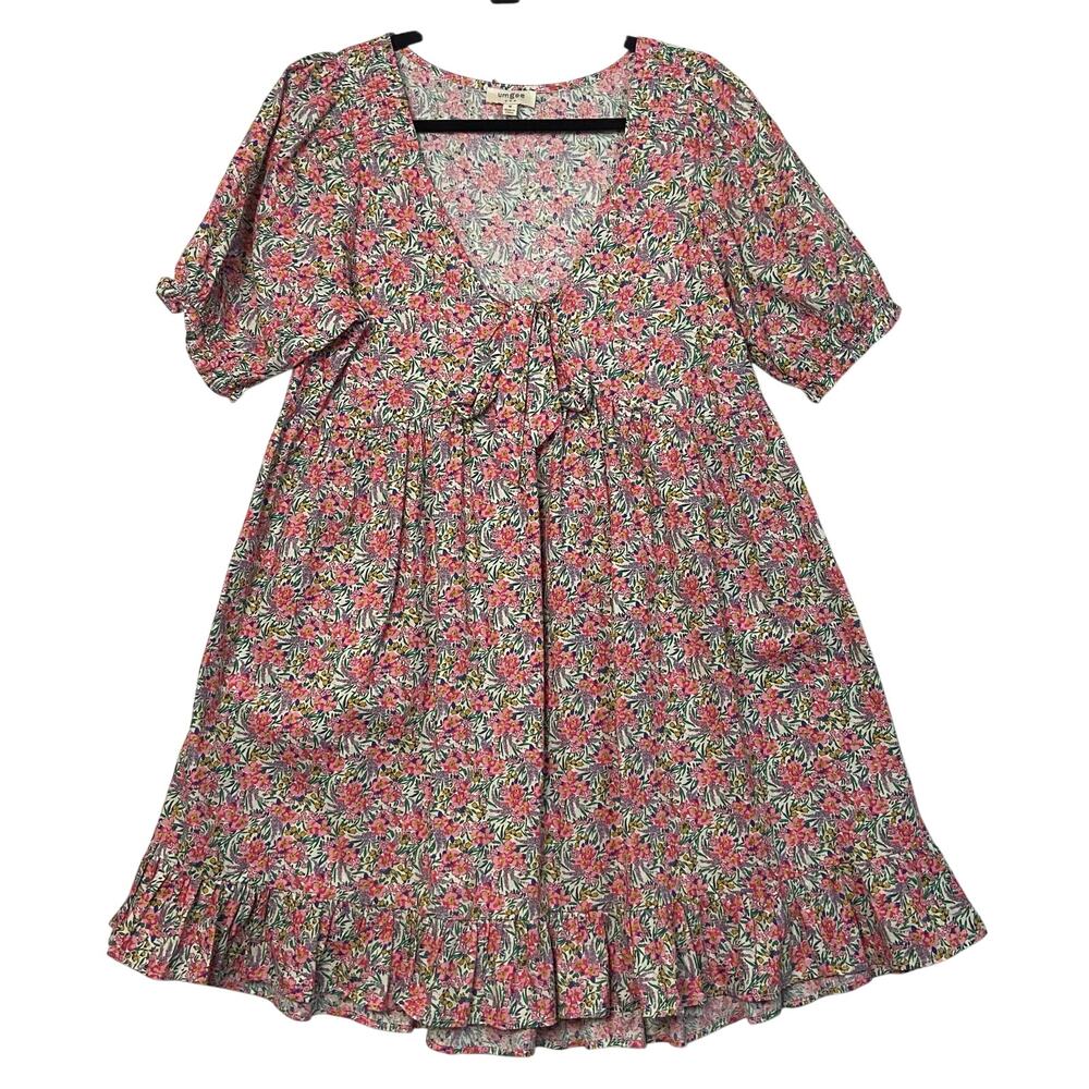 Umgee Pink Floral Cotton V-neck Bow Front Ruffled Baby Doll Dress Size Medium
